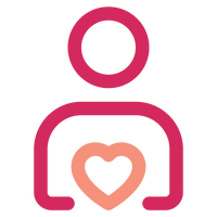 A stylized pink and peach icon of a person holding a heart, centered on a plain white background.
