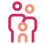 A minimalist line icon of a family with a large pink figure, a smaller peach figure, and a small peach circle above, on a plain white background.