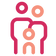 A minimalist line icon of a family with a large pink figure, a smaller peach figure, and a small peach circle above, on a plain white background.