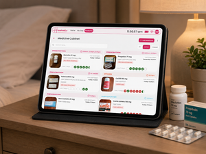 A tablet on a black stand displaying a digital medication organizer app interface, set on a wooden bedside table next to pill bottles, a blister pack, and a small plant in a softly lit bedroom.