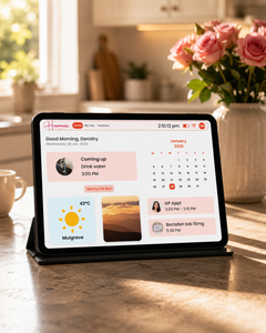 A tablet in a black stand displaying a personalized health and wellness dashboard, set on a kitchen counter with a blurred background of pink roses and a mug.