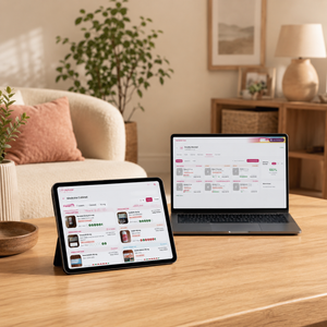 A tablet and laptop on a wooden table in a bright, modern living room. Both screens display a web-based catalog interface with product cards and a sidebar menu.