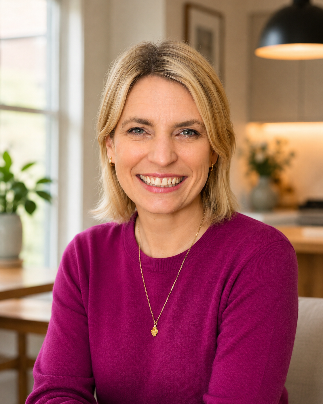 A smiling blonde woman wearing a bright magenta long-sleeve top and a delicate gold necklace with a small leaf pendant, seated in a softly lit indoor setting with a window and plants in the background.